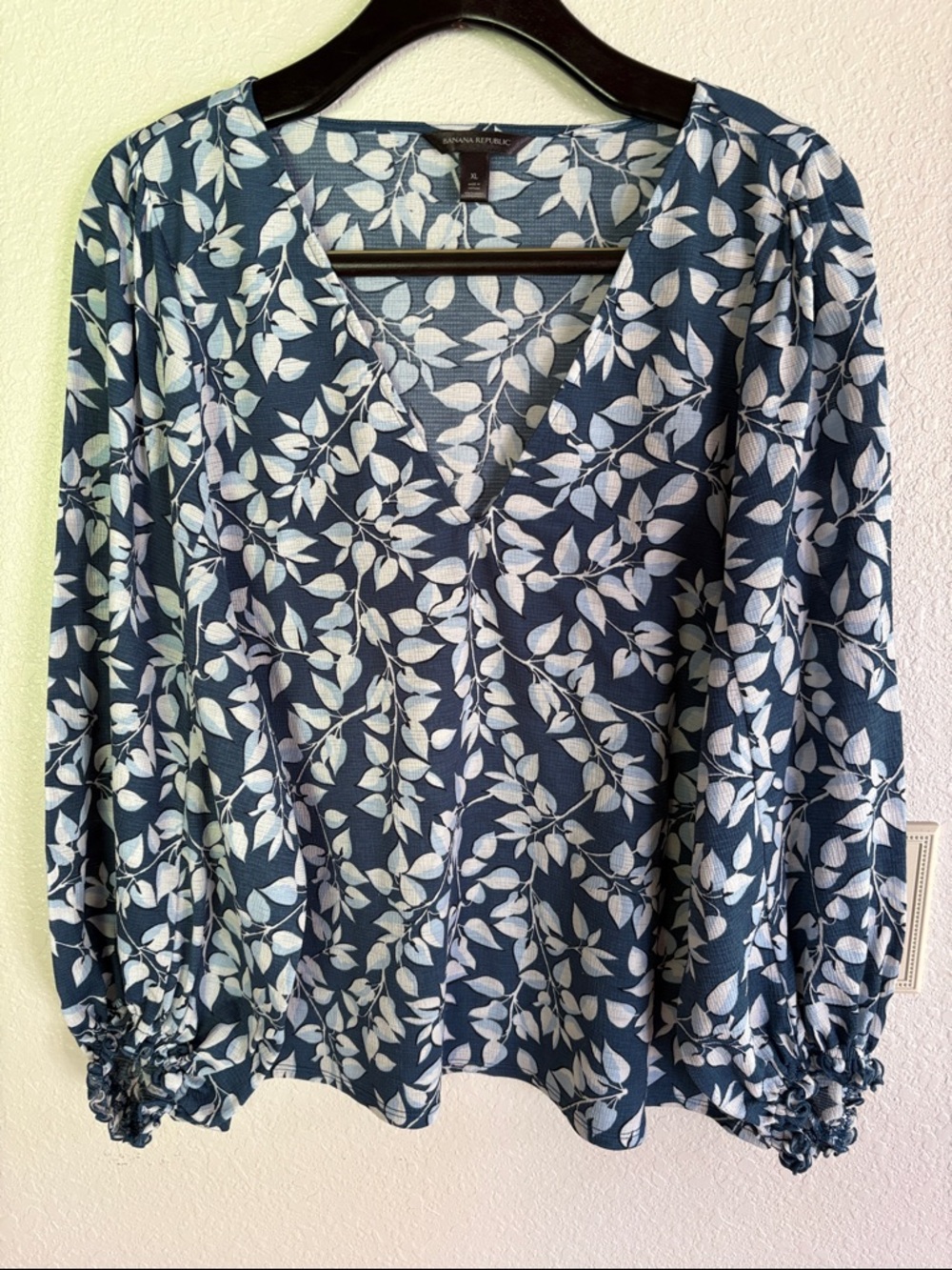 Banana Republic Navy Blue Leaf-Print V-Neck Blouse in
